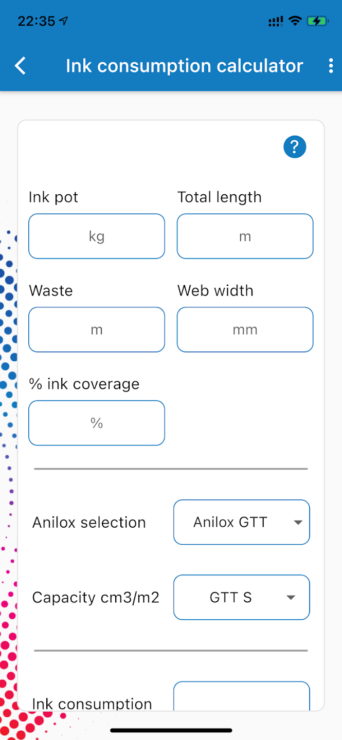 Ink consumption calculator on the FlexoPrint mobile application 